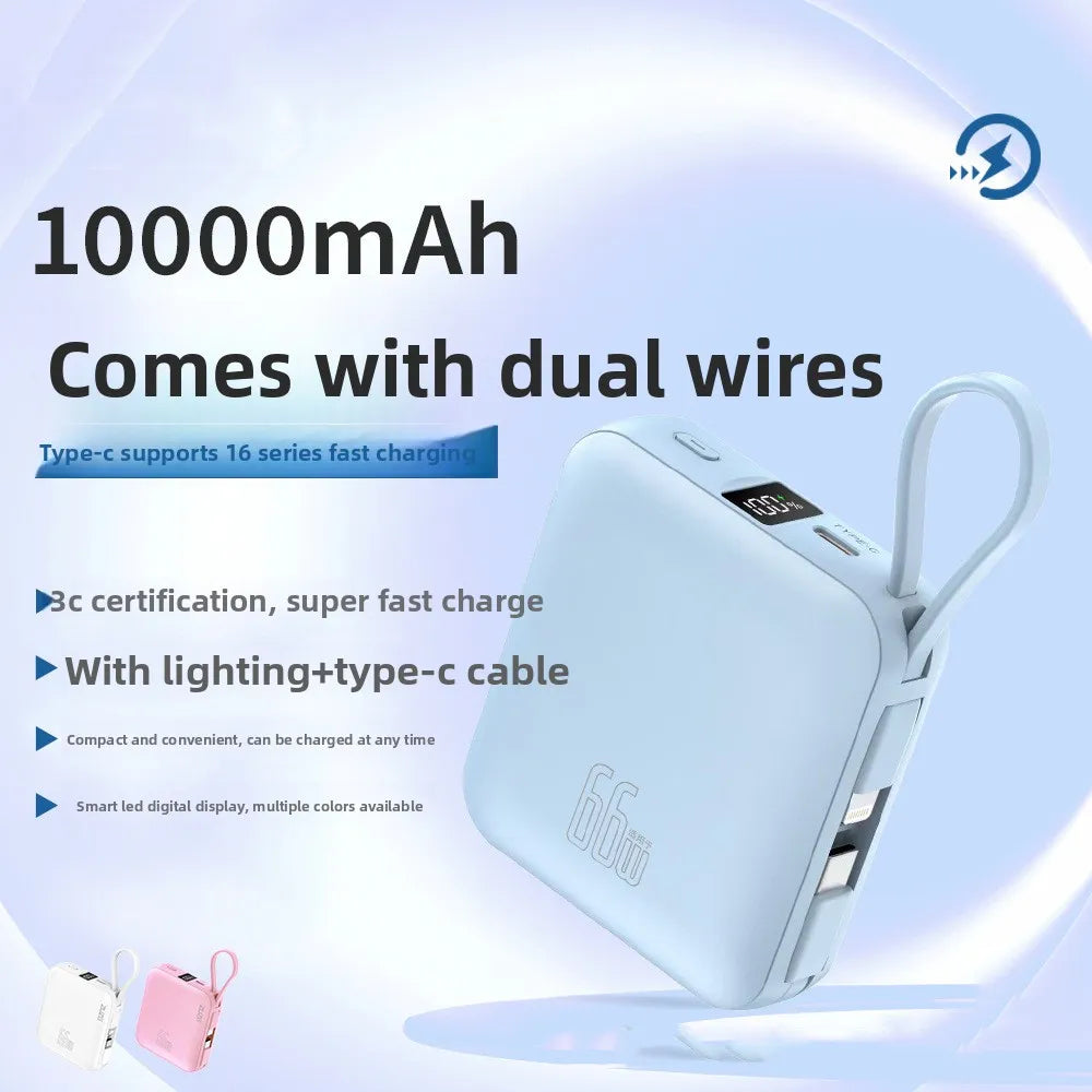 10000 mAh powerbank 22,5 W superrask lading, kompakt og bærbar med egen kabel, Mini 3C-sertifisert mobil strømforsyning.