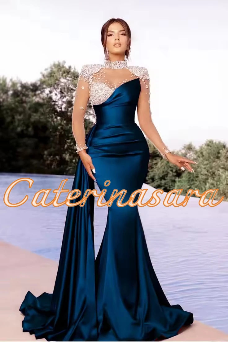 Vestidos de Noche de Lujo de Cuello Alto para Mujer, Sirena, 2024, Mangas Largas Transparentes, Vestidos de Fiesta de Boda, Graduación