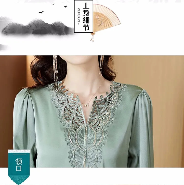 Moda Mujer Blusas de Seda Primavera Otoño Camisas de Manga Larga Bordadas Elegantes Tops de Diseño Retro para Oficina