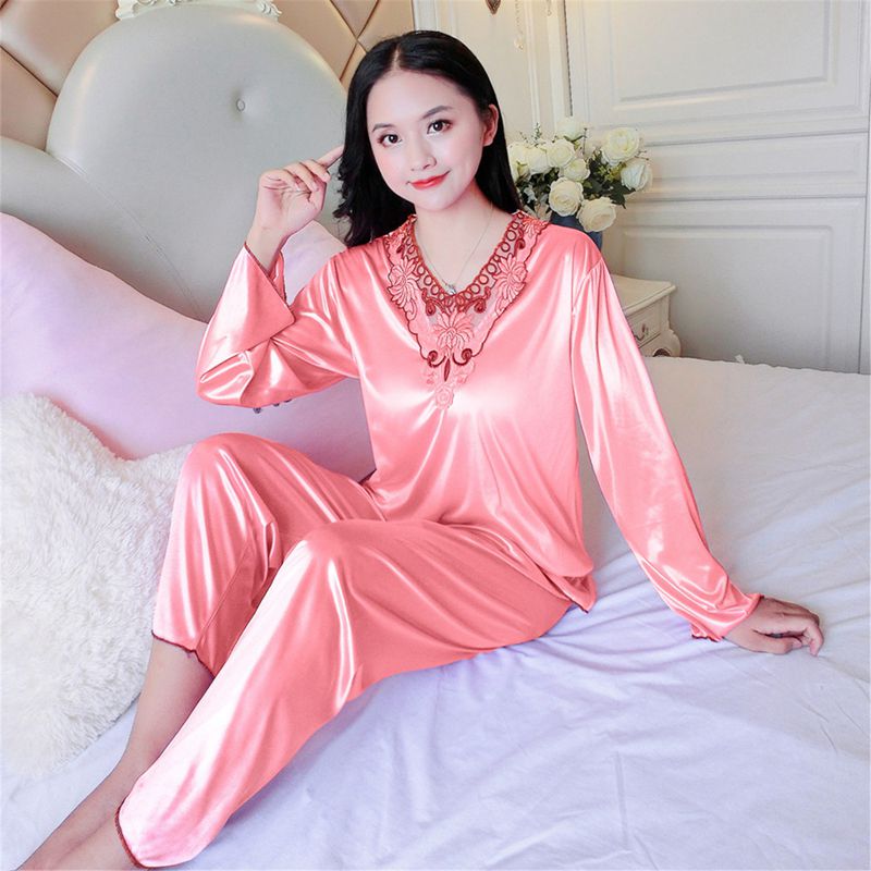 Women's Pajamas Set Summer Long Sleeve And Pants Pyjamas Two-piece Set Pajama Ice Silk Satin Sexy Sleepwear Home Suit Loungewear