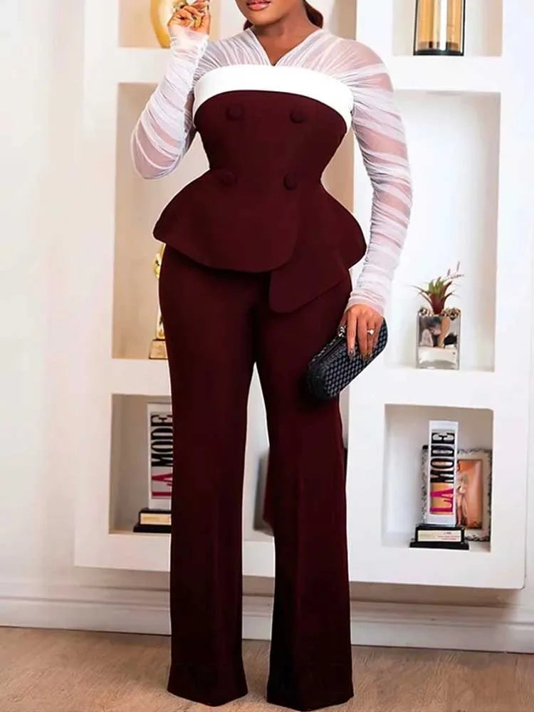 Conjunto de pantalones elegante de dos piezas para mujer, ropa de oficina femenina, top ajustado con mangas de malla blanca y pantalones holgados, conjuntos sexys y chic para primavera