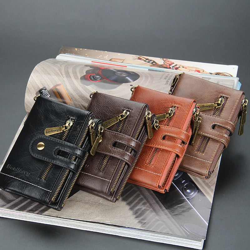 Billetera de lujo de piel sintética para hombre - Tarjetero con diseño de cadena corta, Monedero retro clásico (marca de alta calidad)