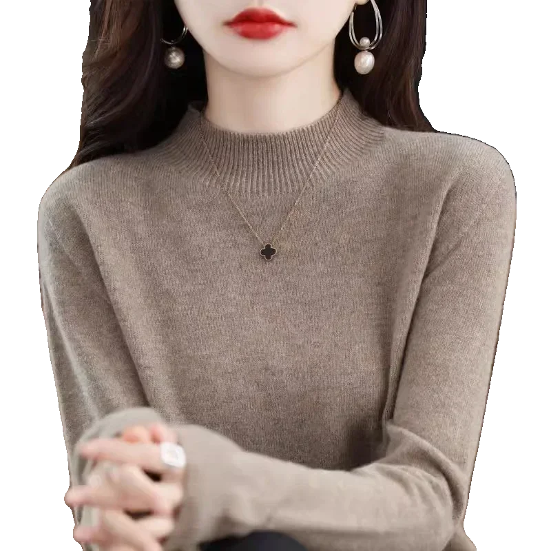 Suéter de mujer otoño invierno, camisas base cálidas casuales, cuello simulado, tejido básico, jerséis de manga larga, moda coreana
