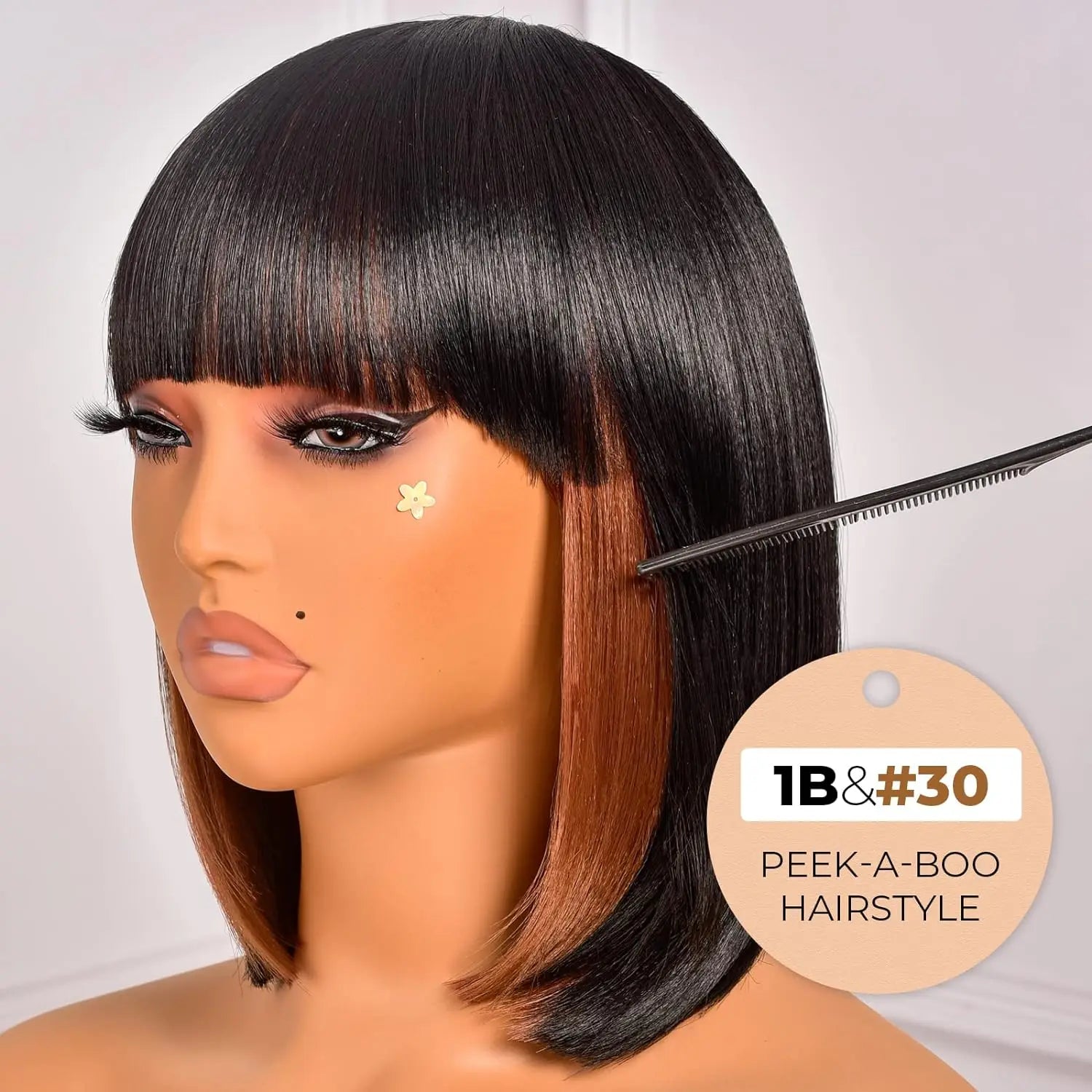 Bob Wig With Bangs - 14 Inch Peek-a-boo Color Short Bob Wig For Black Women Black Mix Brown Daily Costume Wigs, Light Synthetic