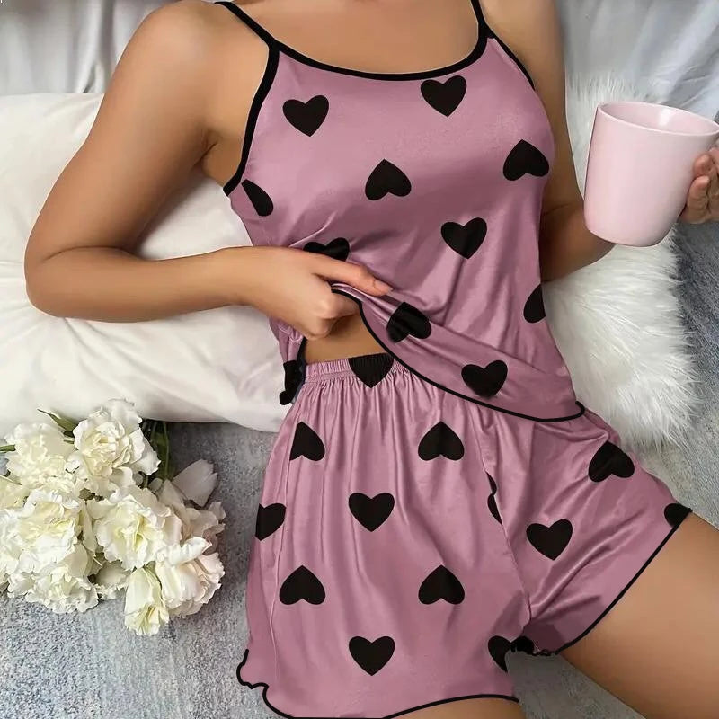 Conjunto de pijama para mujer Pijamas Camisetas Pantalones cortos Estampado de corazón rosa Camiseta de cuello redondo Top de seda de hielo Cómodo Informal Verano