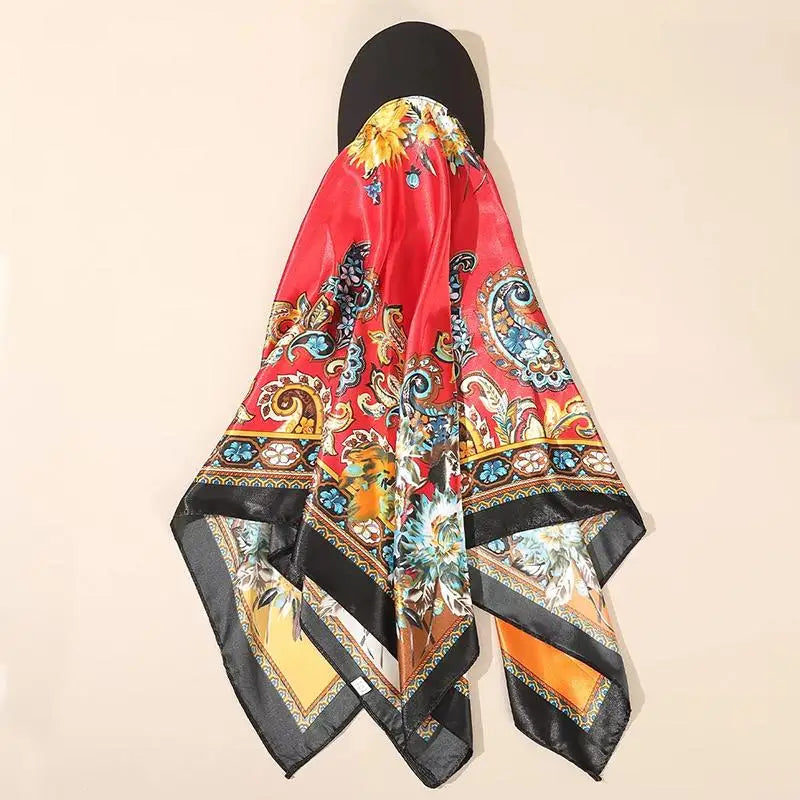 Fashion Satin Silk Headscarf Hat with Brim 2-in-1 Square Scarf Cap Printed Elegant Turban Wrap