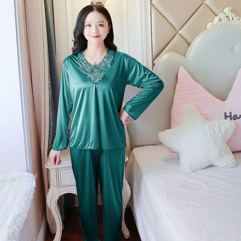 Women's Pajamas Set Summer Long Sleeve And Pants Pyjamas Two-piece Set Pajama Ice Silk Satin Sexy Sleepwear Home Suit Loungewear