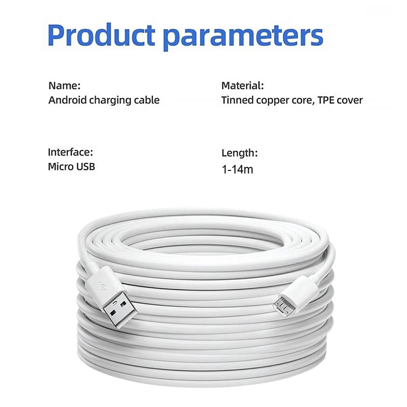Cable de carga Android extralargo adecuado para monitorear grabadoras de conducción, impresoras, cable de carga de extensión Micro USB 3M 5M 10M