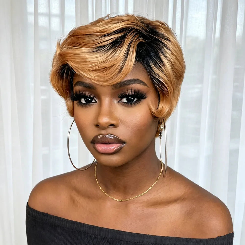 pixie cut wig150% density 4inch machine made pixie short curly 1B30 color human hair wig for women 150% density daily party use