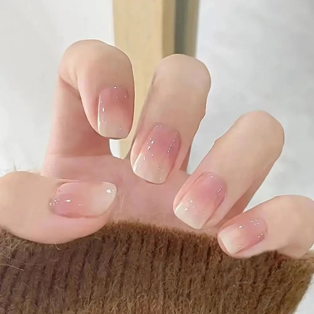 Uñas postizas francesas de cabeza cuadrada, impermeables, manicura usable, color nude degradado, uñas a presión, cubierta completa, puntas de uñas brillantes para mujer
