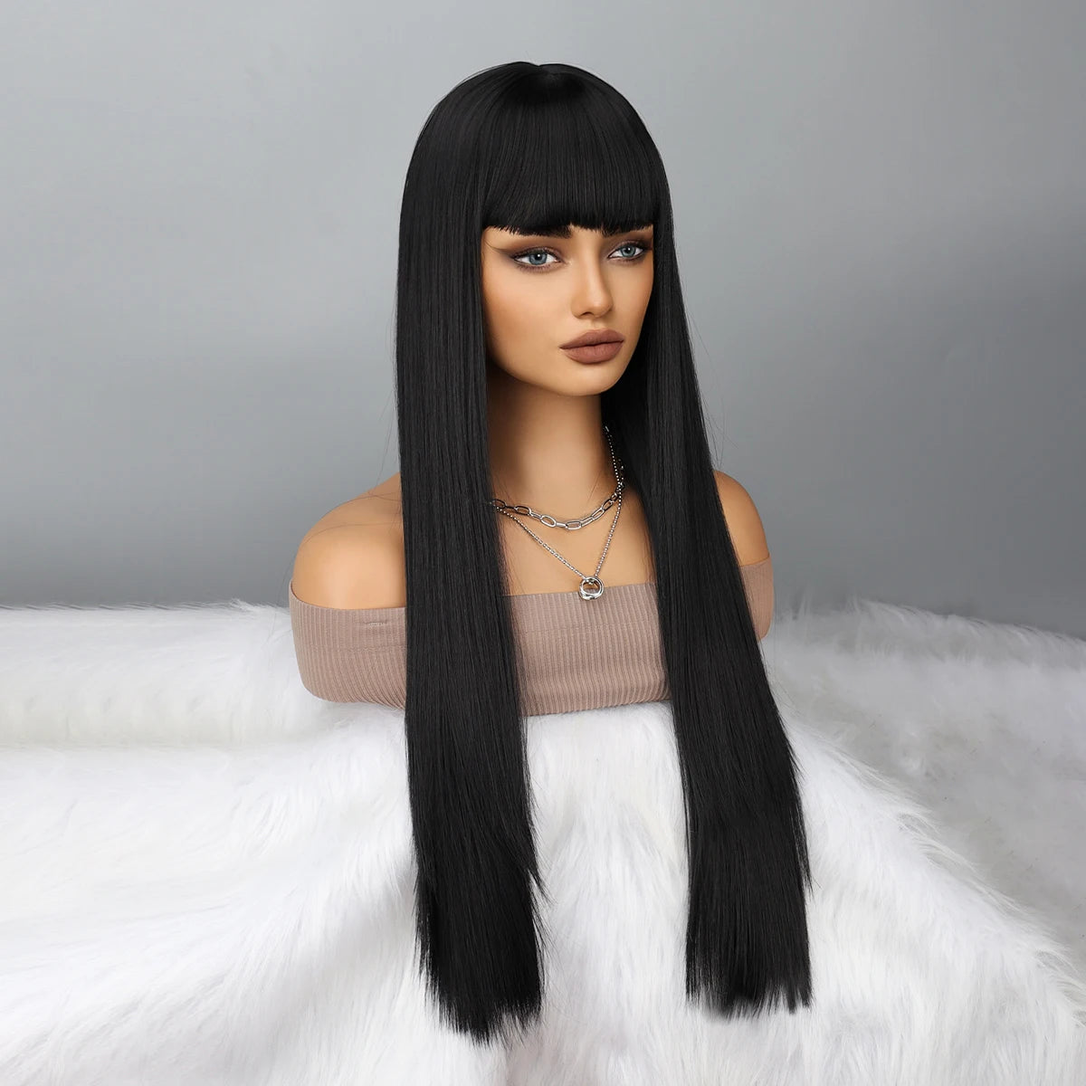Long Straight Remy Hair Wigs Natural Black Heat Resistant Fiber Hair Full Machine Wig with Bangs Cosplay Party Wig For Fashion