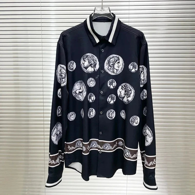 Men's shirt Vintage Character print Spring / Autumn Loose Version Classic Long-sleeved Lapel Fashion and leisure Top S-5XL