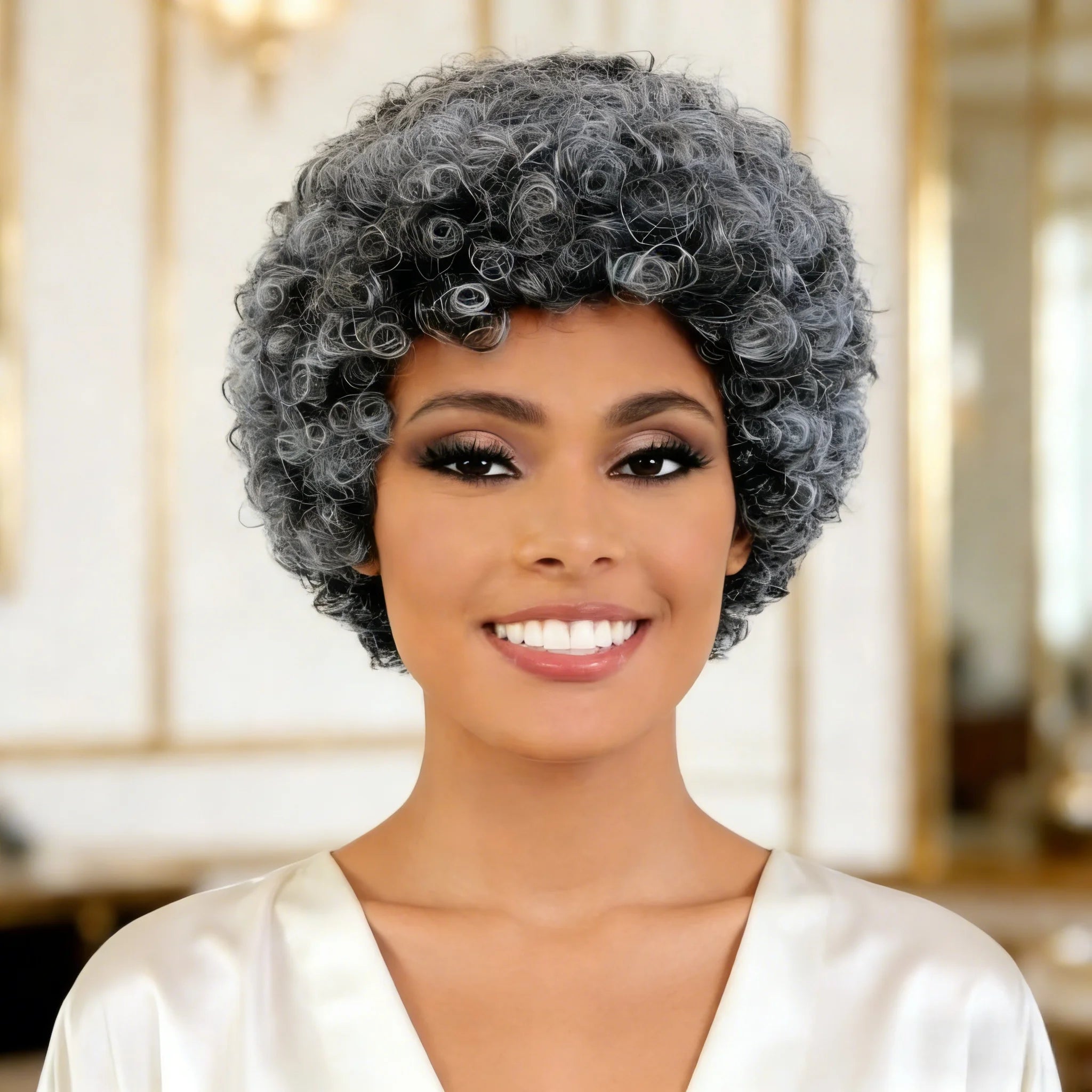 Peluca de cabello humano gris para mujer, peluca corta rizada con flequillo, uso diario para mamá/abuela, pelucas rizadas y elásticas de 6 pulgadas, pelucas hechas completamente a máquina