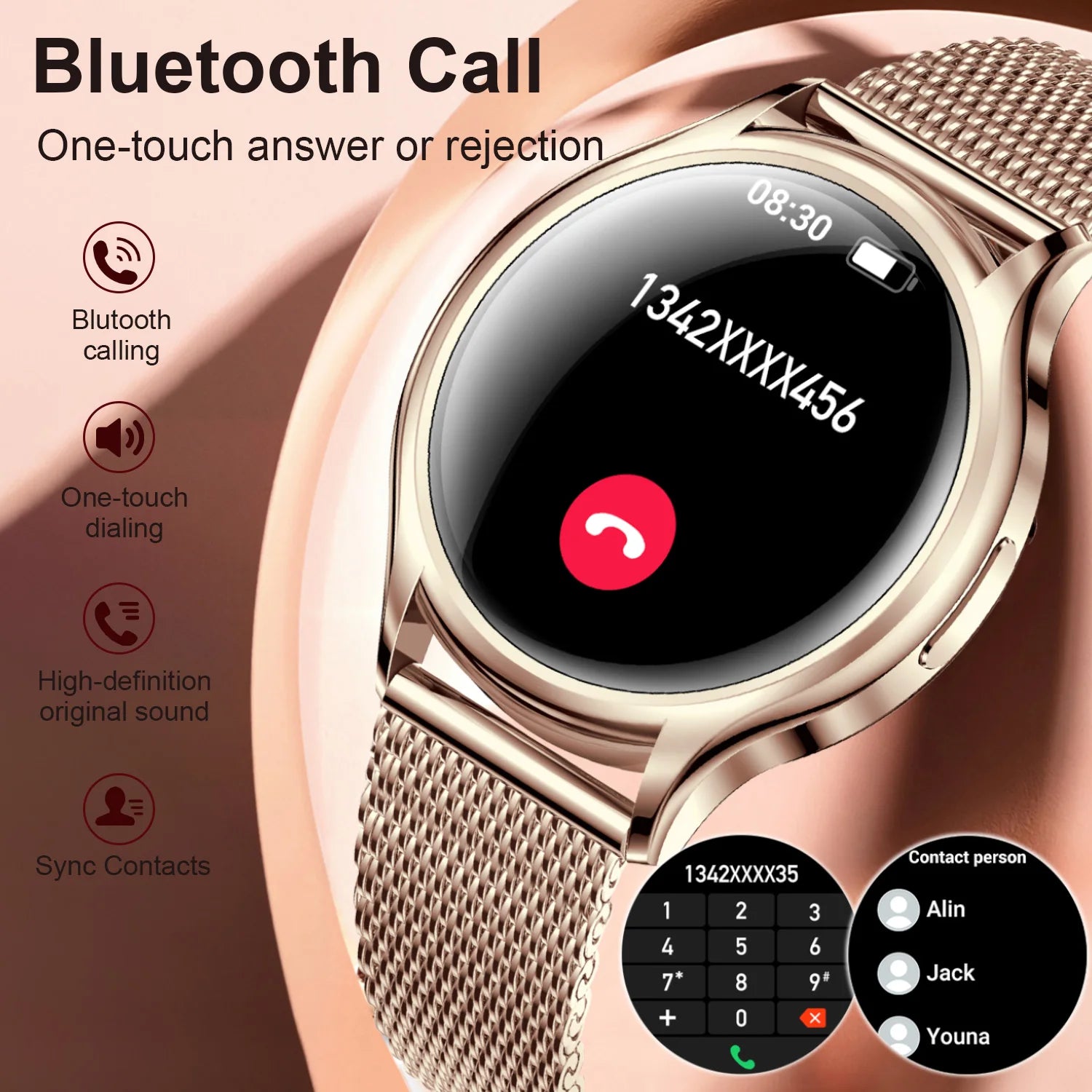 Montre connectée pour femmes, écran HD de 1,27 pouce, moniteur de santé, assistant vocal IA, appels Bluetooth, contrôle de la musique, cadrans personnalisés