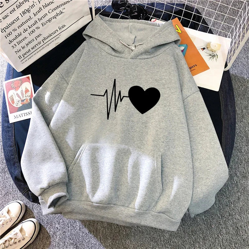 Woman Hooded Sweatshirt Casual Fashion Heart Print Hoodies Ladies Home Outdoor Comfort Warm Pullover Daily Sport Loose Hoody Top