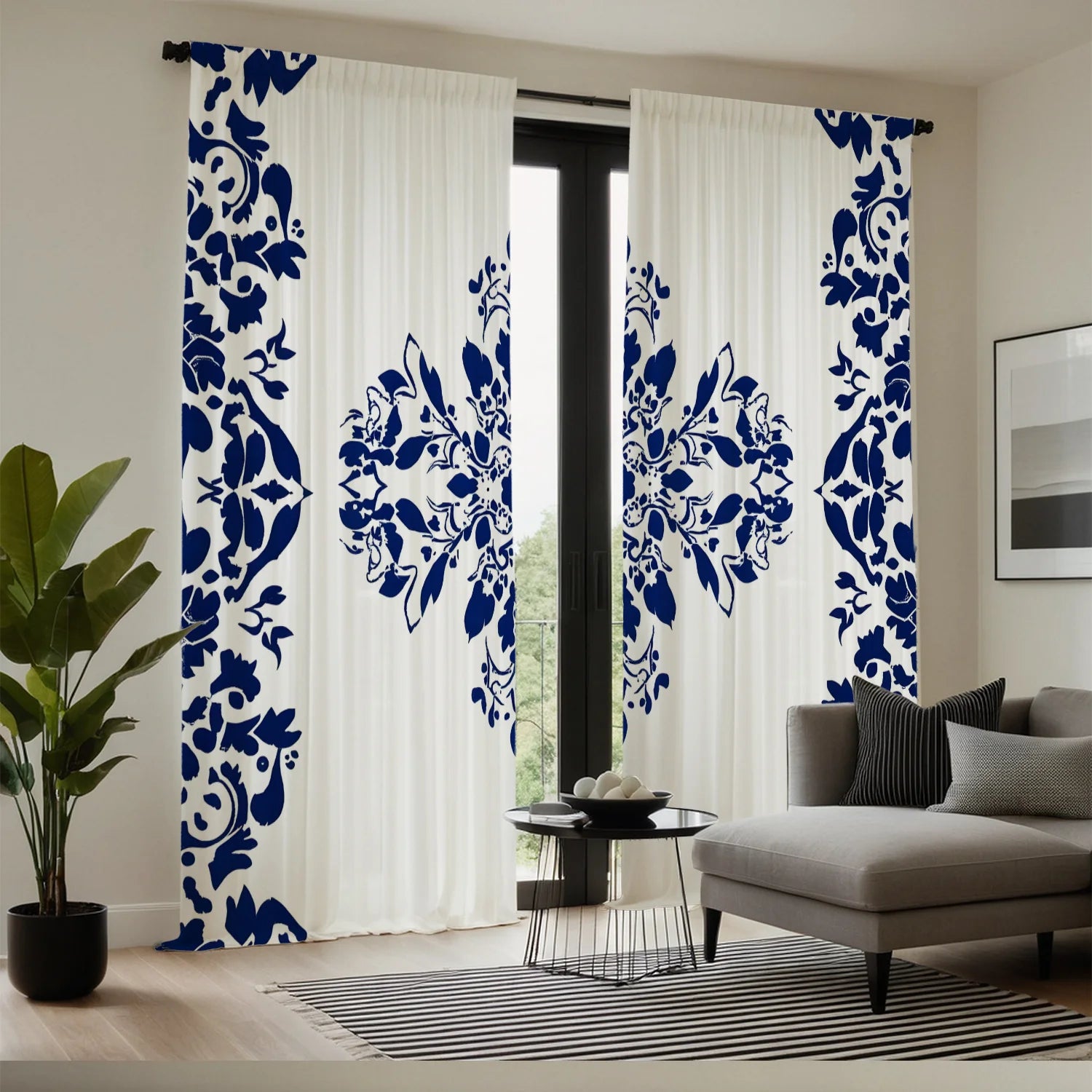 Blue & White Floral Curtains (2pcs)