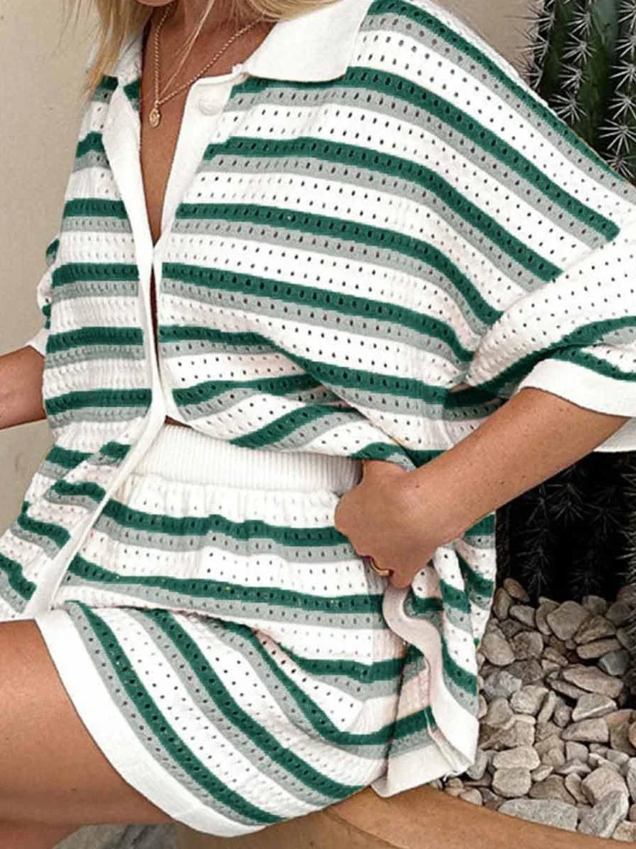 Conjunto de Pijama de Mujer de 2 Piezas Trajes de Salón Verano Rayas Contraste de Color Botón Tops de Punto de Ganchillo y Pantalones Cortos Conjuntos de Salón Playa