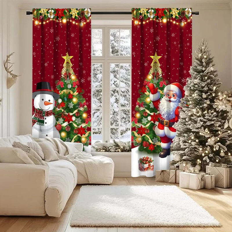 Lot de 2 rideaux à motifs de Noël, à œillets, pour salon, cuisine et chambre. Décorations de Noël pour la maison.