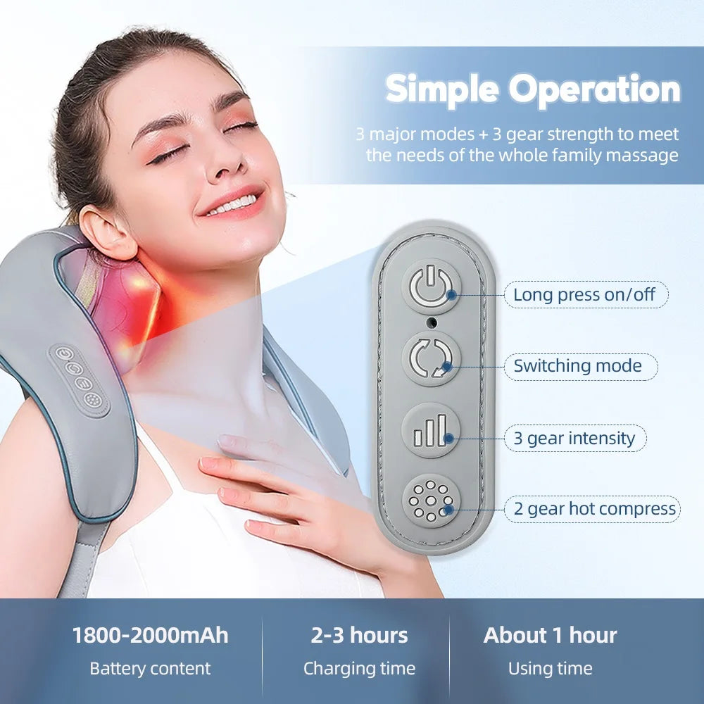 Chal de masaje eléctrico amasador de hombros, masajeador inalámbrico automático de cuello y espalda, almohada de masaje relajante para los músculos de la espalda y el trapecio.