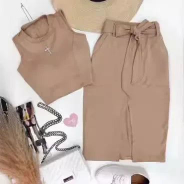 Conjunto de falda para mujer, conjuntos de dos piezas, vestidos ajustados, tops cortos sin mangas con cuello redondo, faldas de largo medio con cordones y cintura alta, empalme.