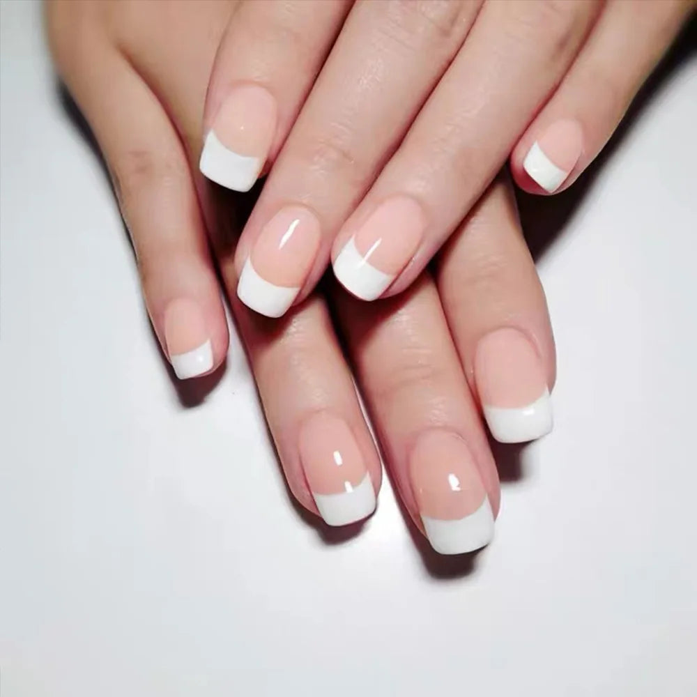 24 Uds uñas postizas de degradado blanco, cortas, cuadradas, bailarina, sencillas, de presión, usables, de color nude, puntas de manicura de cubierta completa