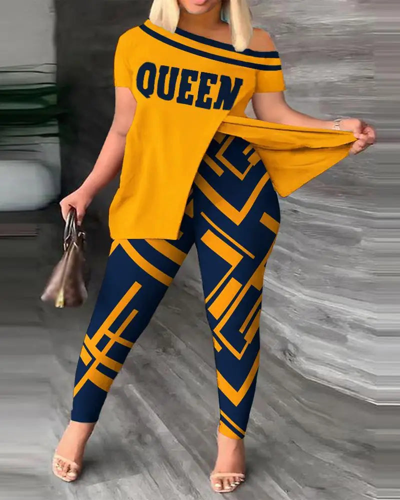 Conjuntos de dos piezas elegantes para mujer, nueva moda, estampado, top de manga con volantes, conjunto de pantalones de color sólido con cinturón, blusas, ropa femenina