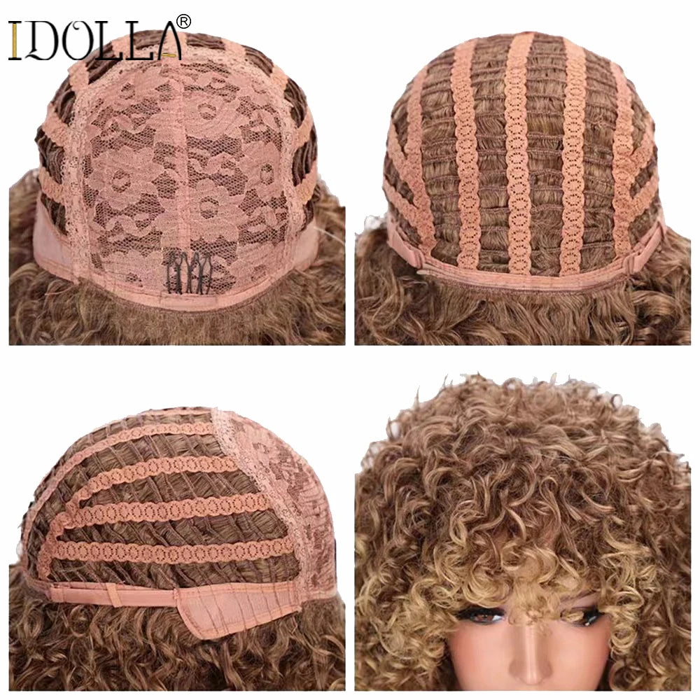 Idolla Short Curly Blonde Wig Synthetic Afro Kinky Curly Wig With Bangs For Black Women Natural Ombre Blonde Cosplay Wig