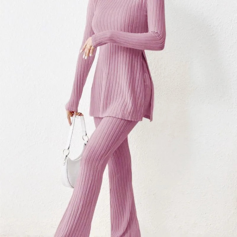 Ropa de Mujer Otoño Invierno Nuevo Estilo Color Sólido Sexy Casual Manga Larga Cuello Redondo Rajado Moda Temperamento Conjunto de Dos Piezas