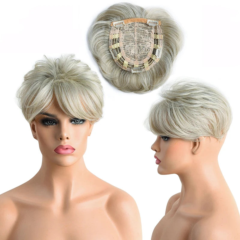 Synthetic Hair Topper Pieces for Thinning Hair Natural Curly Texture 6 Inch Short Pixie Cut Toppers Hair Wigs for Women