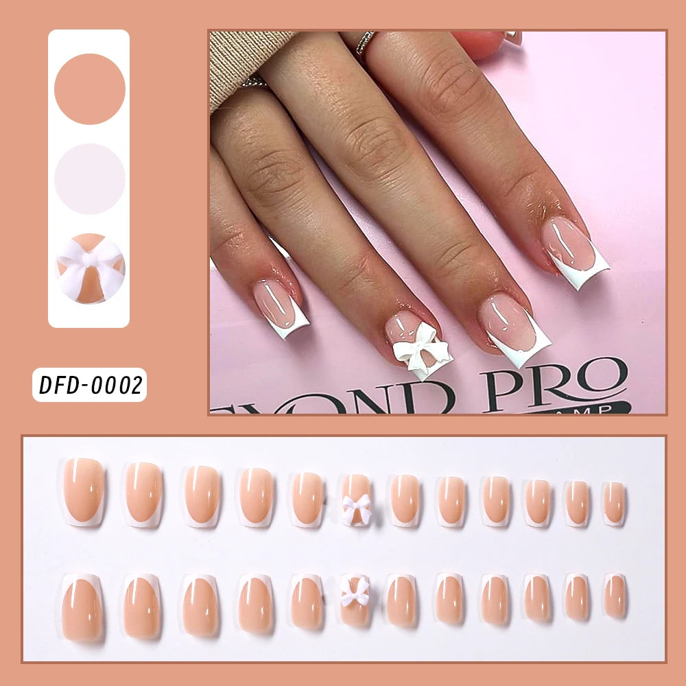 Uñas postizas de leopardo rosa de 24 piezas con punta francesa, cabeza cuadrada corta, lazo negro 3D, uñas postizas acrílicas de cobertura completa a presión