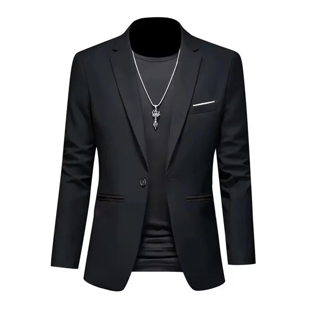 Chaqueta tipo traje boutique de ocio de moda para hombres, informal de otoño, corte ajustado, sin planchado, con un solo botón, color liso, blusa formal