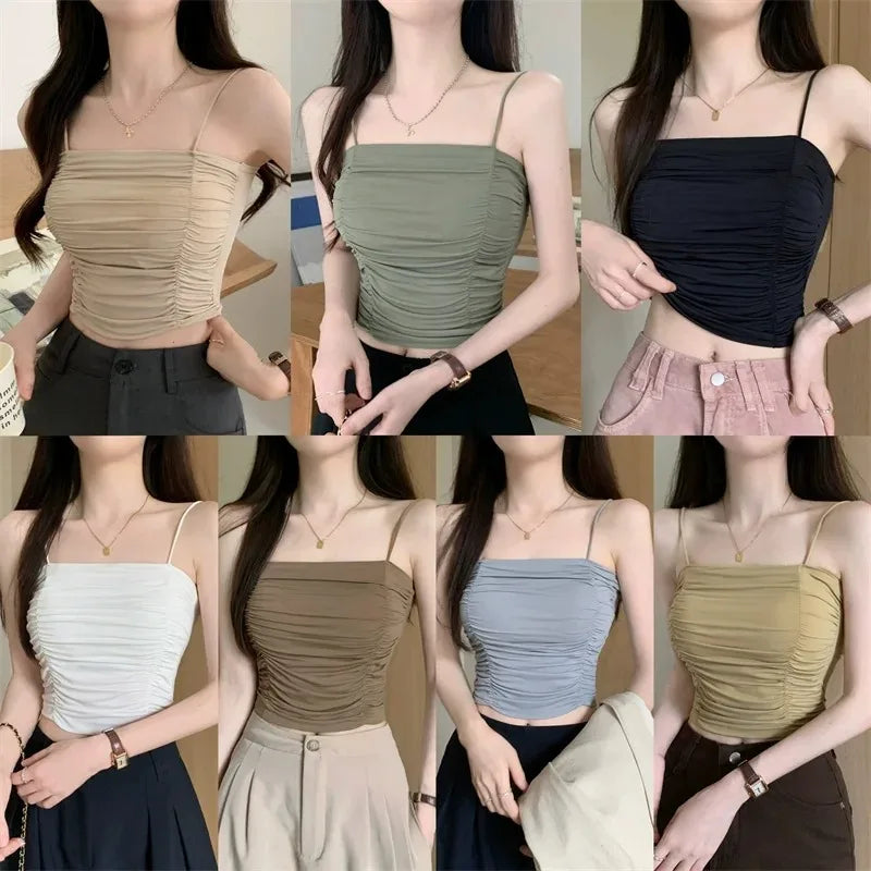 Camisetas sin mangas para mujer, tops sexys, tops de tubo para niñas con tirantes, camisola blanca para mujer, sujetadores acolchados, ropa de mujer, corsé.