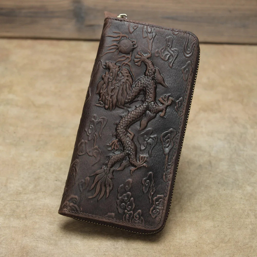 Billetera de lujo para hombre, cartera de mano de cuero genuino, monedero largo grabado en relieve, carteras de hombre de cuero grueso, carteras de mano de cuero para dinero