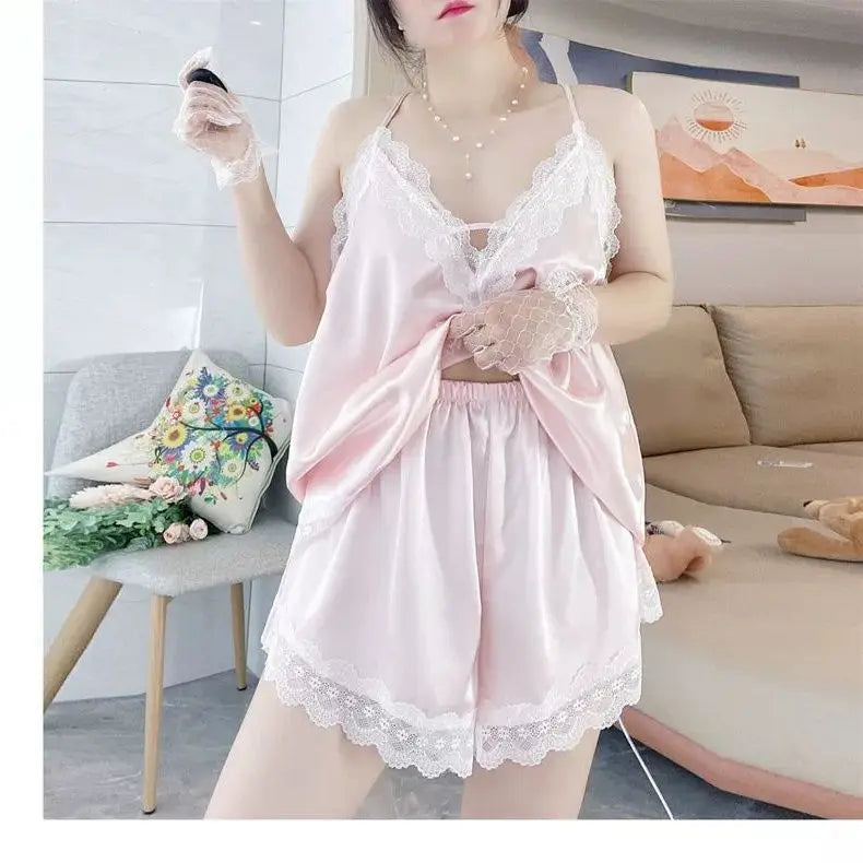 Conjuntos de pijama Y2K para mujer, ropa de hogar sexy de verano, talla grande, de seda fresca, suelta, elegante, con cuello en V y encaje, conjunto de dos piezas