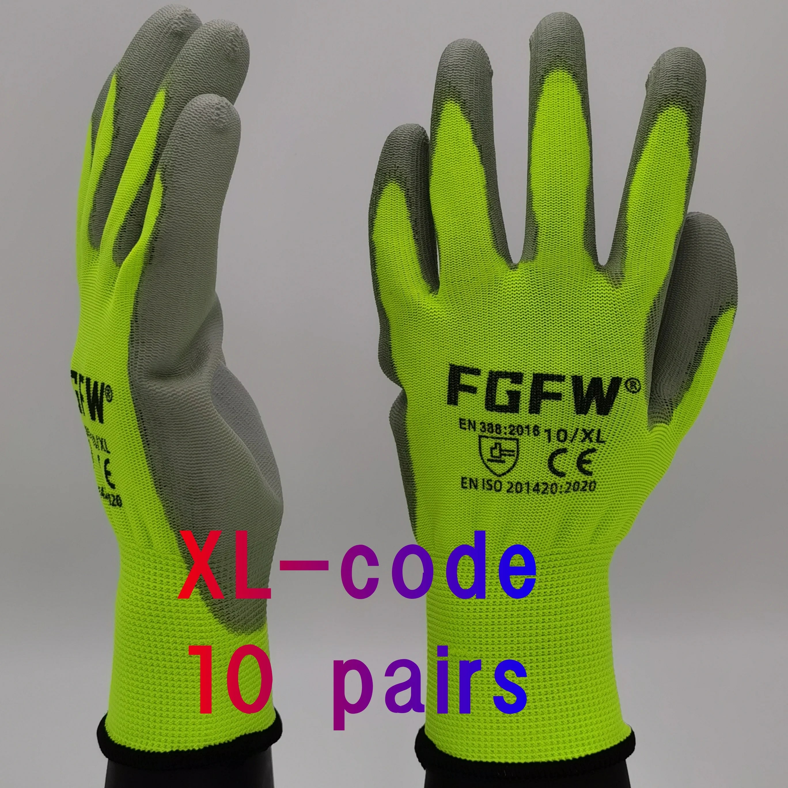 Lot de 10 paires de gants de travail enduits de PU - Gants de sécurité légers et résistants, certifiés EN 388/ISO 20471, tailles S/M/L/XL