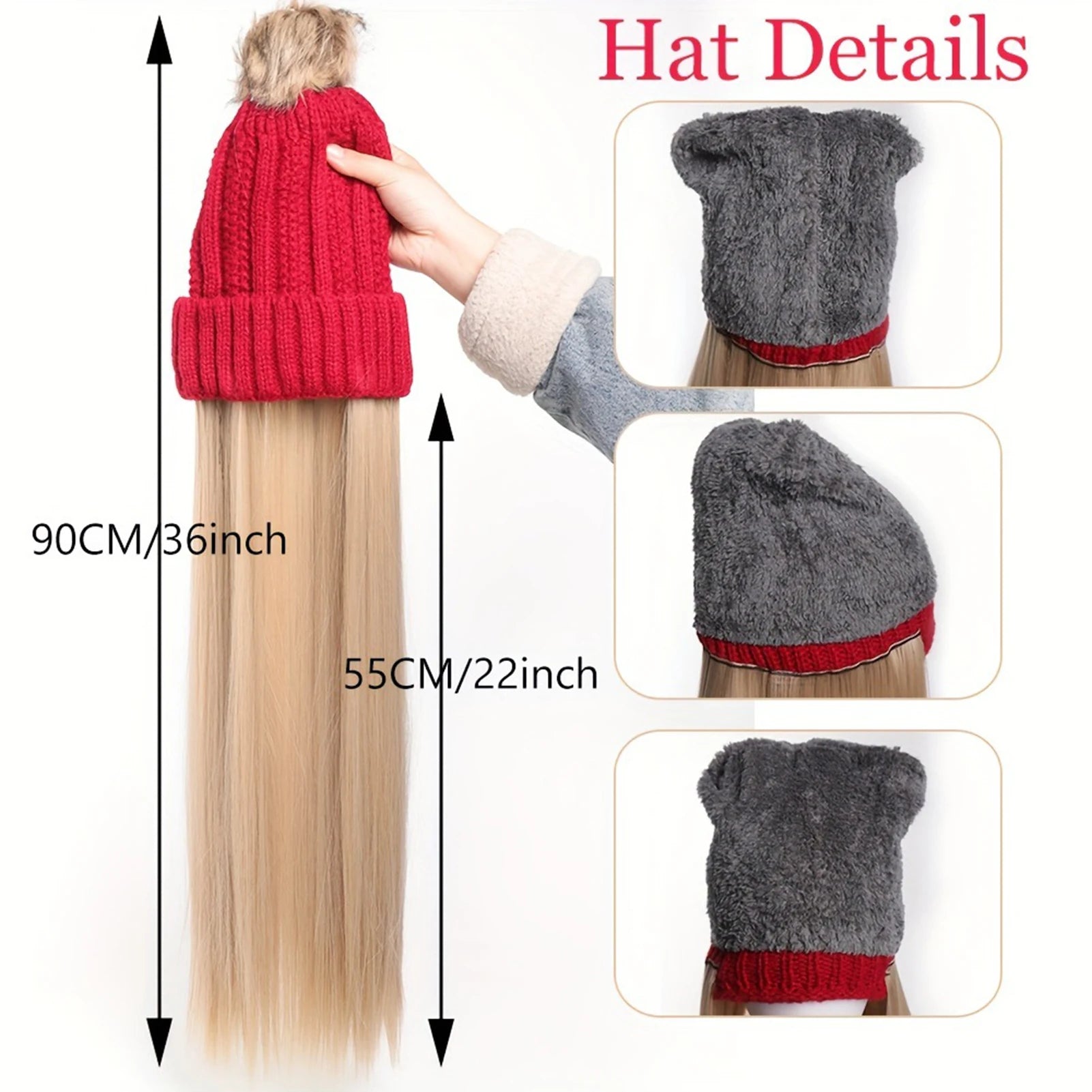 Gorro de punto para mujer, con pelo largo liso, cálido, para invierno, con pelo de fibra sintética negra realista, para clima frío