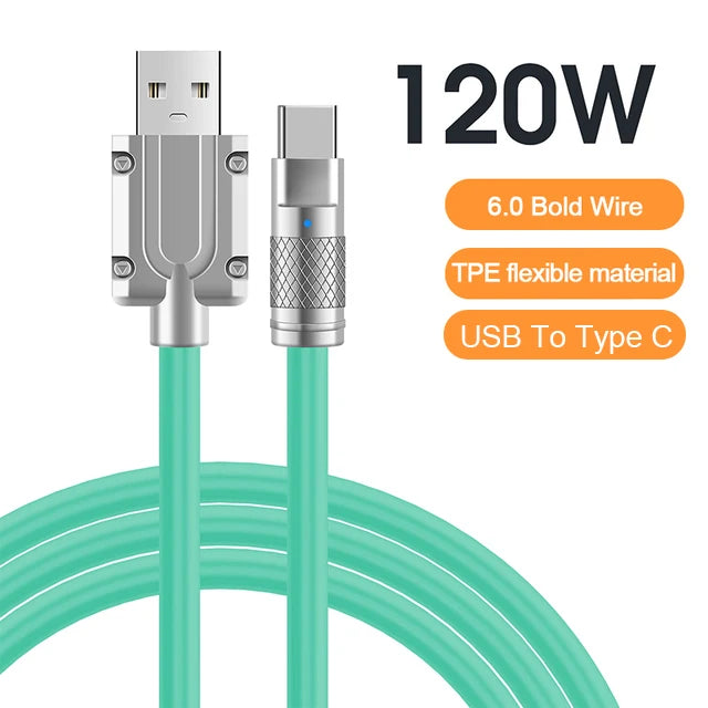 Cable de datos USB C de silicona líquida de carga súper rápida 120W 6A para iPhone 14 15 Huawei Samsung Xiaomi Cargador rápido Tipo C
