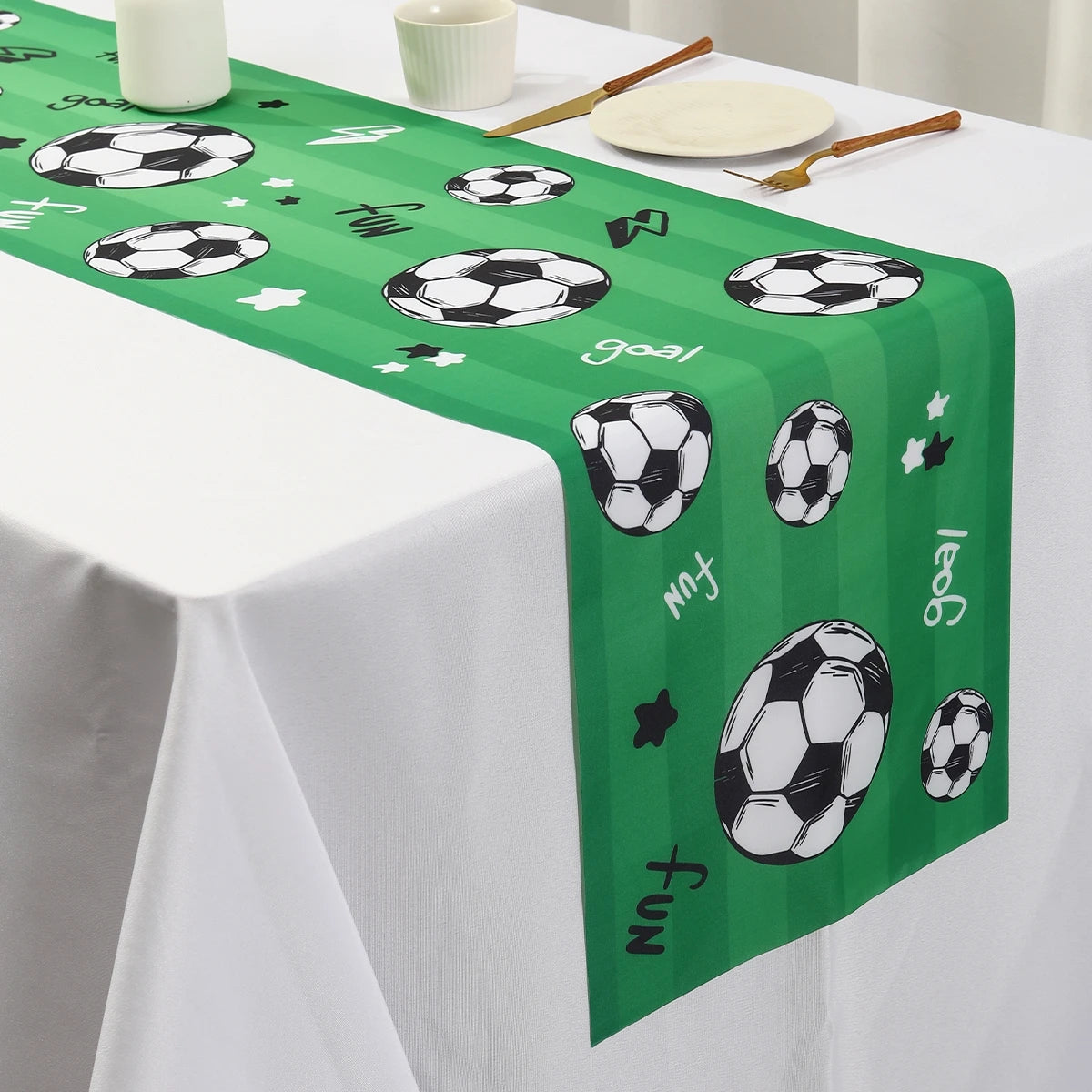 180x35cm Camino de Mesa de Fútbol, Decoraciones de Poliéster, Mantel de Fútbol, Decoraciones de Fiesta de Cumpleaños de Fútbol, Decoración Temática Deportiva