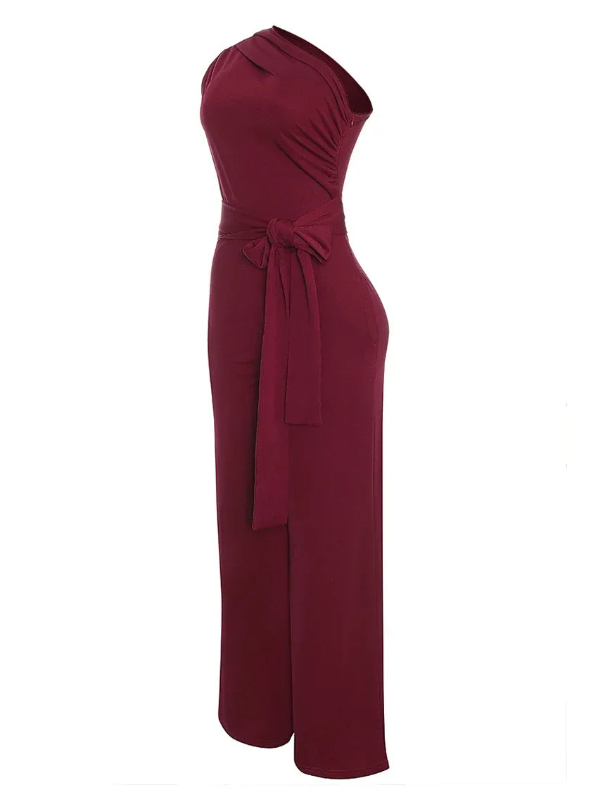 Damejumpsuit Ensfarget Skjev Krage Avskåret Topp Rette Bukser Belte Sexy Ermeløs Løse Bukser Elegant Sjarmerende Playsuits