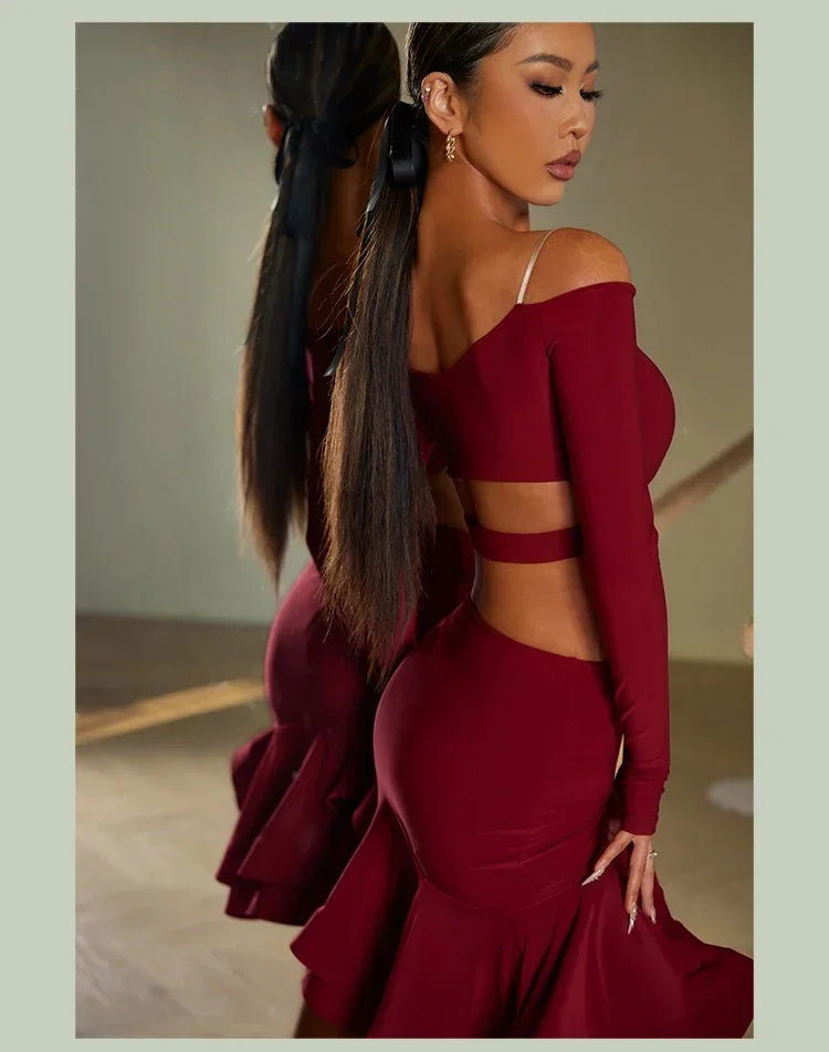 Sexy Off Shoulder Latin Top Ruffled Skirts Latin Dance Costume Stage Performance Clothes Samba Tango Dance Wear Set for Women
