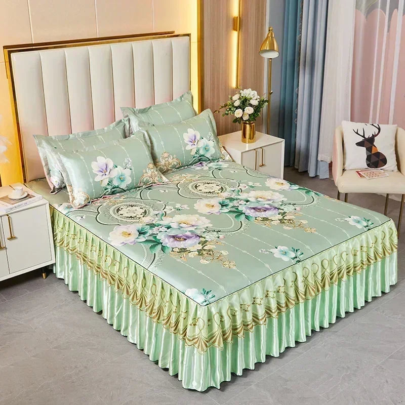3 deler sommer sengeteppe i skjørtstil, sengeteppe i blonder i europeisk stil, tredelt sett i skjørtstil, sengeteppe i madrass, støvbeskyttelse