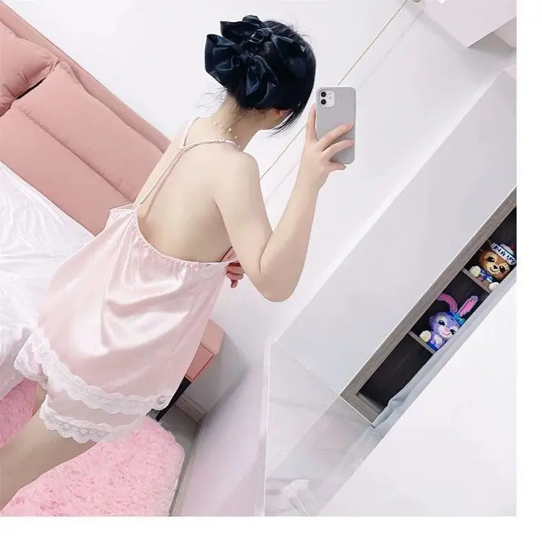 Conjuntos de pijama Y2K para mujer, ropa de hogar sexy de verano, talla grande, de seda fresca, suelta, elegante, con cuello en V y encaje, conjunto de dos piezas