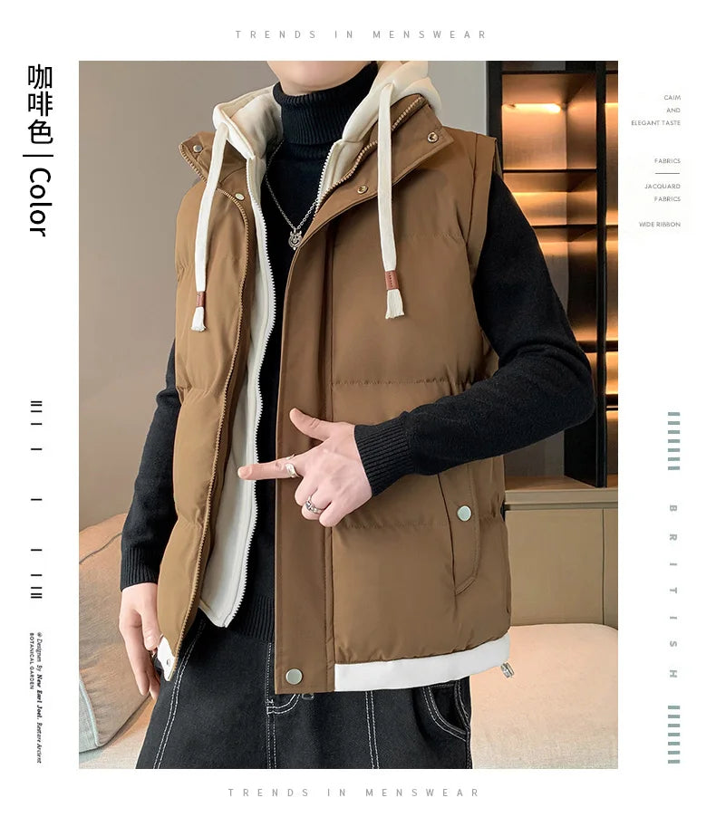 Chaleco cortavientos con capucha para hombre, chaqueta sin mangas, chaqueta de invierno, abrigo informal, chaleco grueso de algodón y plumón para hombre, abrigo grueso