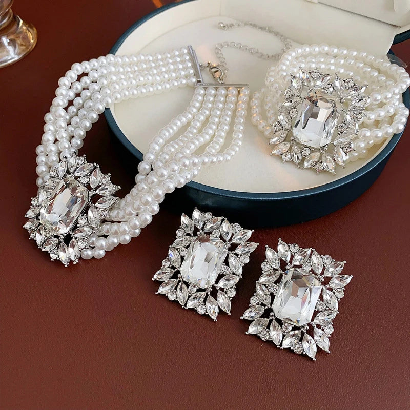 Inlaid Rhinestone Geometric Pearl Jewelry Set Women Beaded Choker Light Luxury Multi-layer Necklace Fashion High Sense Earring