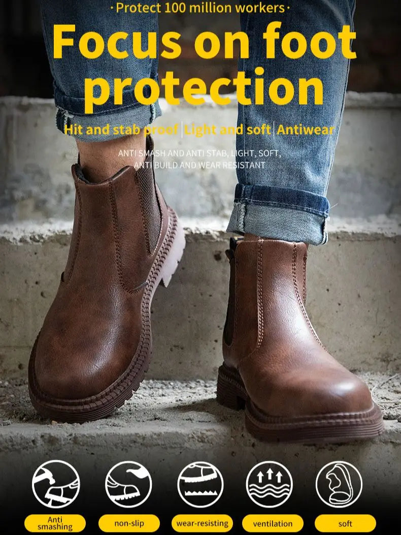 Zapatos de seguridad impermeables para hombre, botas de cuero con punta de acero, calzado masculino, botas de trabajo de construcción indestructibles, color marrón