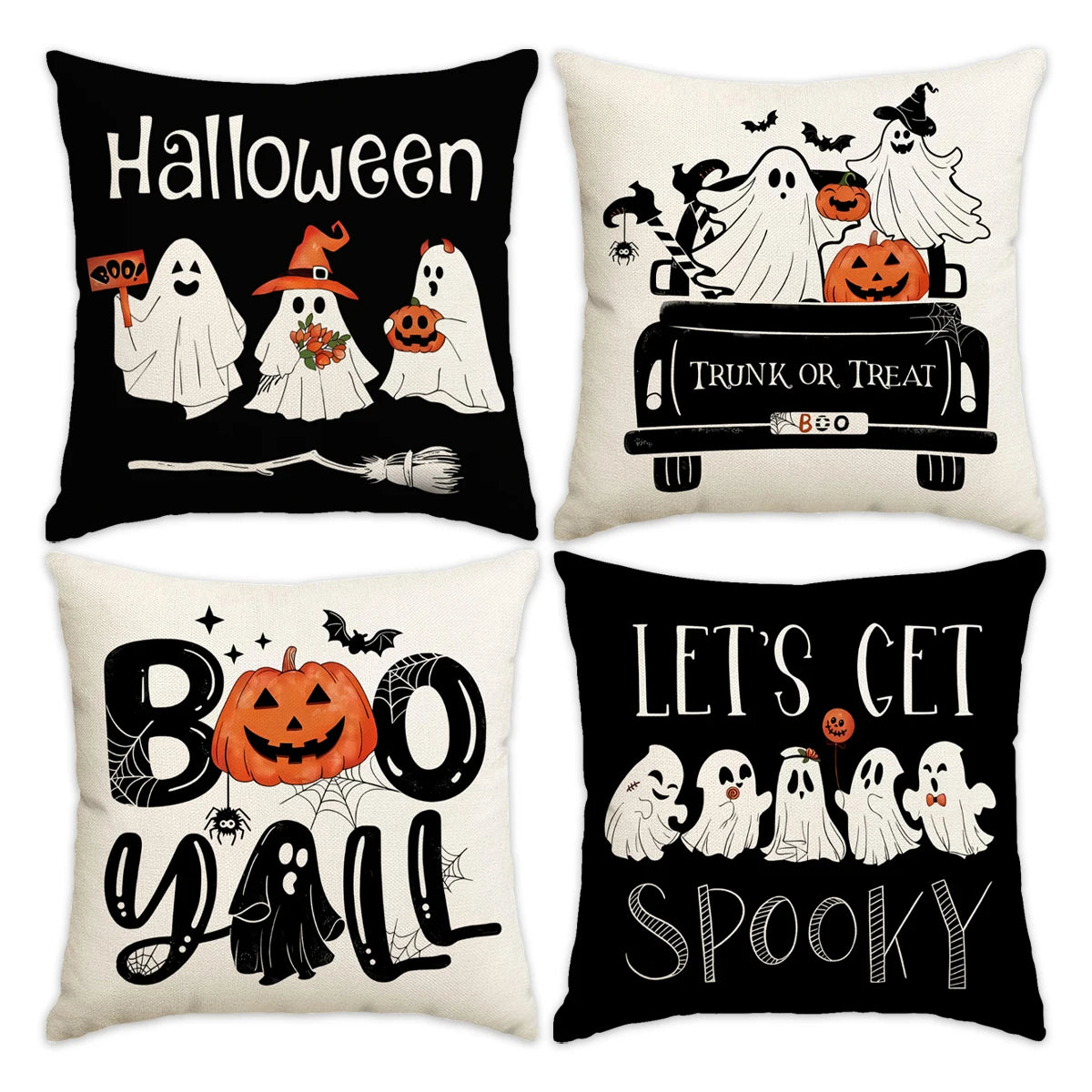 1 ud./4 Uds. Funda de almohada decorativa de Halloween, funda de cojín de truco o trato, fantasma, cabeza de calabaza, funda de cojín de sofá con decoración de murciélago