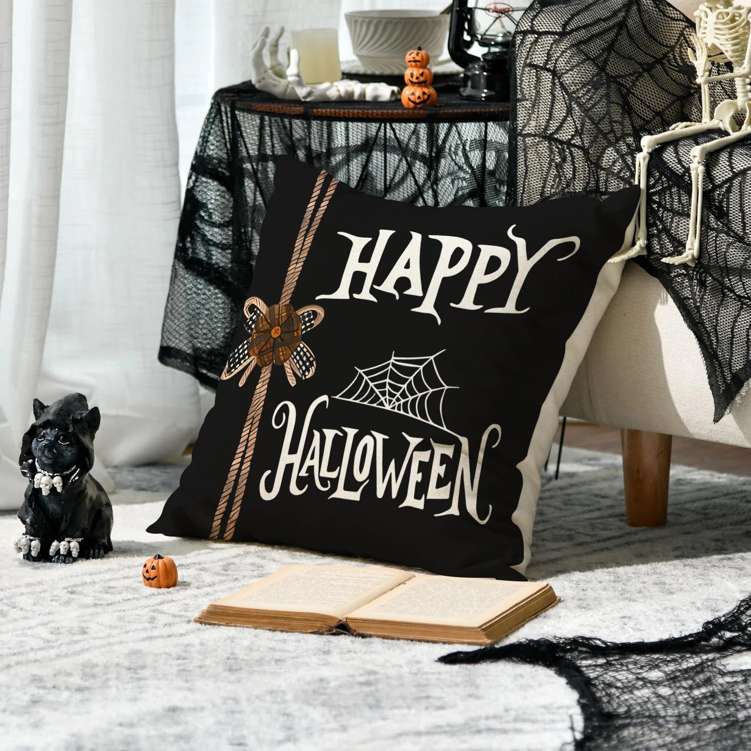 Funda de almohada de Halloween de 1/4 piezas, funda de cojín de calabaza fantasma con lazo de Halloween, funda de cojín decorativa para sofá, sala de estar, dormitorio
