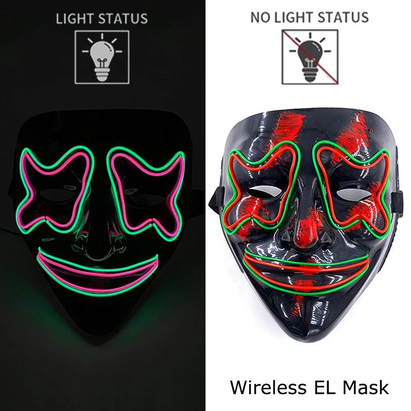 Máscara de purga LED de neón inalámbrica, que brilla en la oscuridad, máscara de cosplay de terror para Halloween, máscaras de fiesta de disfraces, accesorios luminosos divertidos
