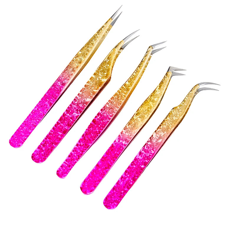 Pinzas para extensiones de pestañas de acero inoxidable de color degradado, pinzas de precisión antiestáticas, herramienta para extensión de pestañas