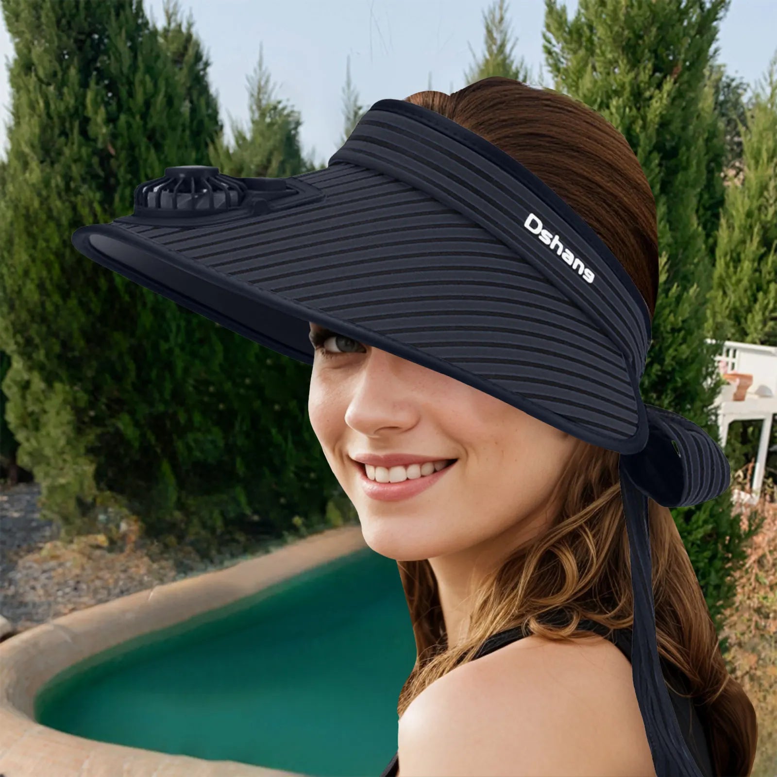 Gorro de sol con ventilador solar para mujer, moda, rayas, parte superior vacía, sombrero de verano con ventilador, visera bonita con tiras y lazo, sombreros de playa para exteriores